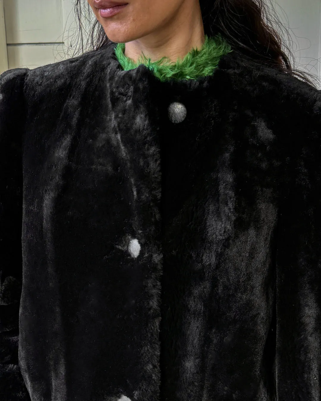 70s Black Mouton Lamb Fur Coat | S-M
