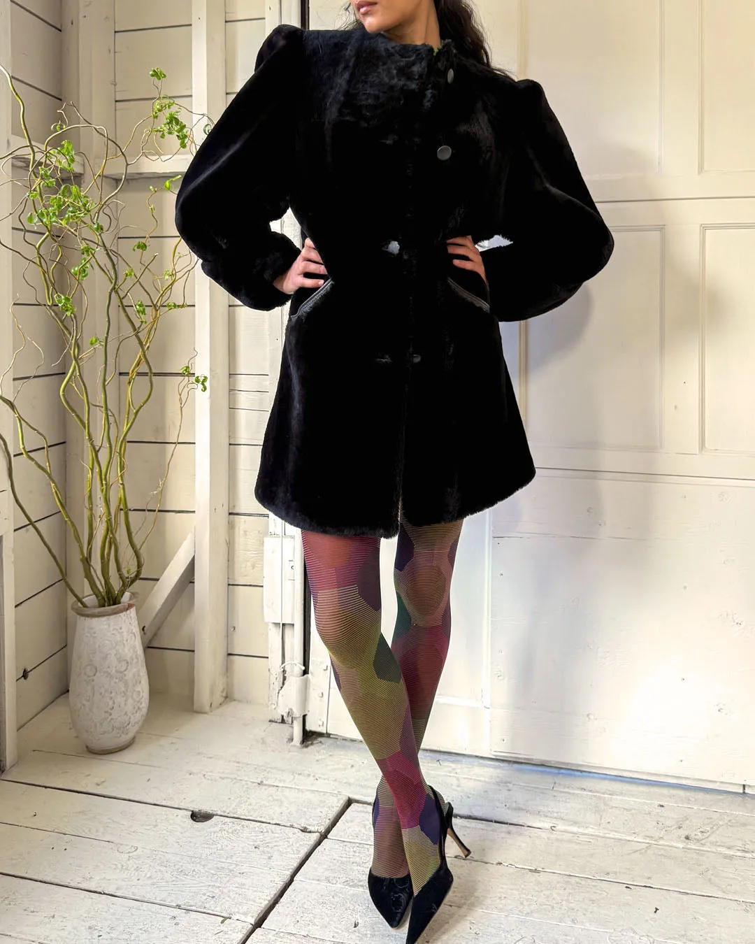 70s Black Mouton Lamb Fur Coat | S-M