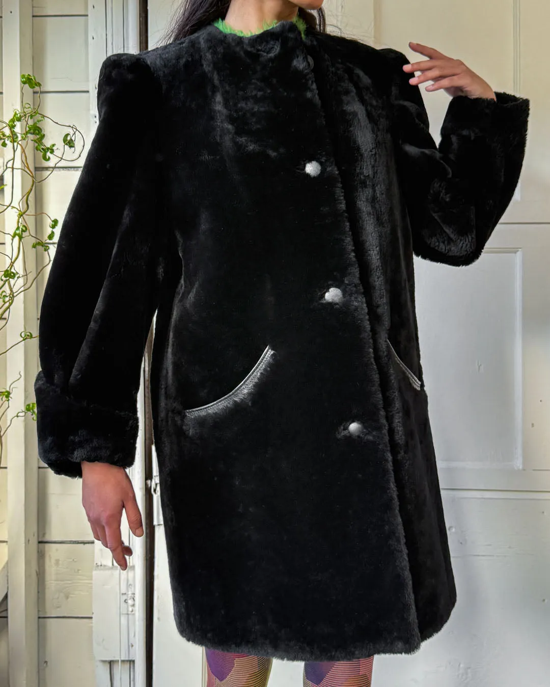 70s Black Mouton Lamb Fur Coat | S-M