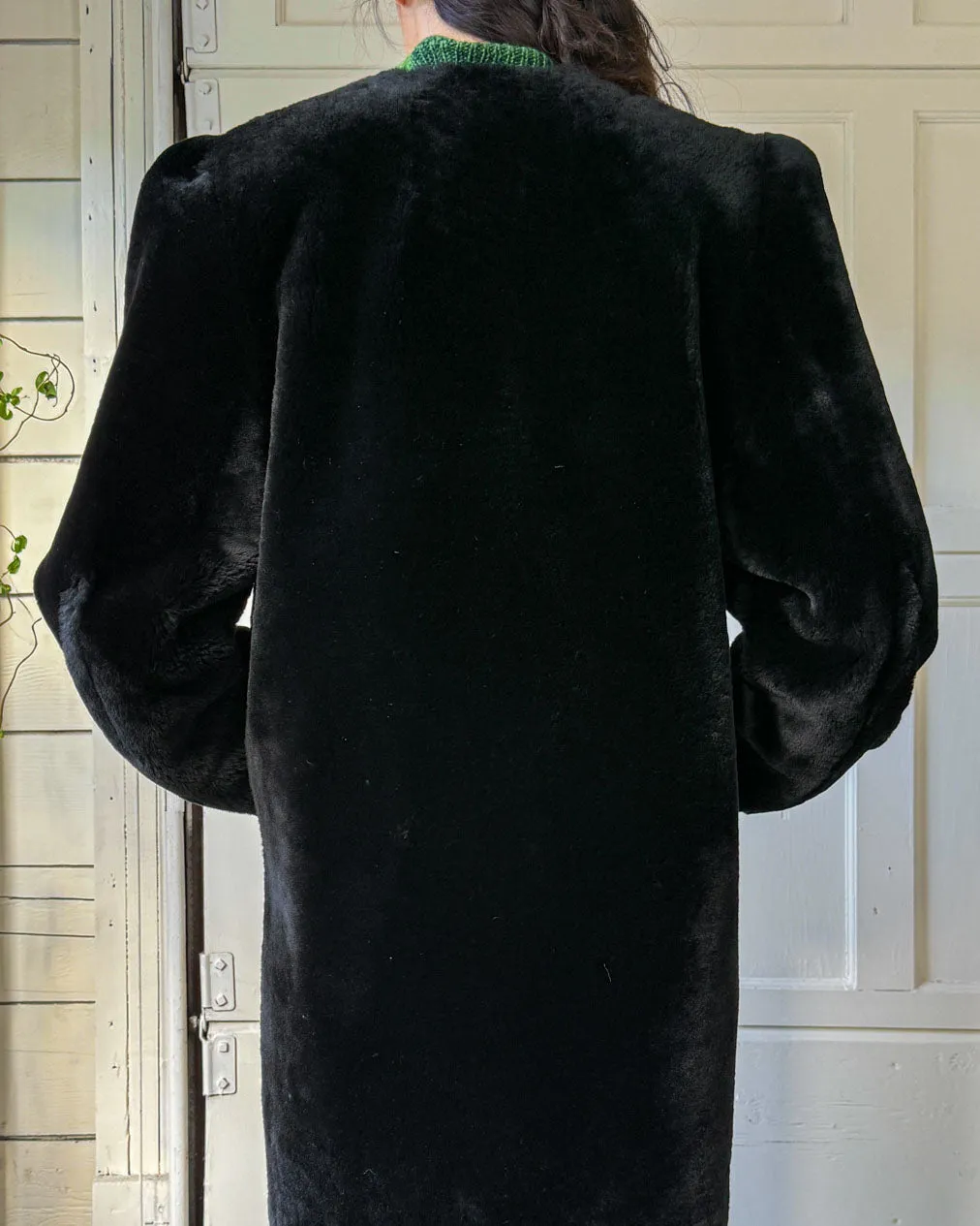 70s Black Mouton Lamb Fur Coat | S-M