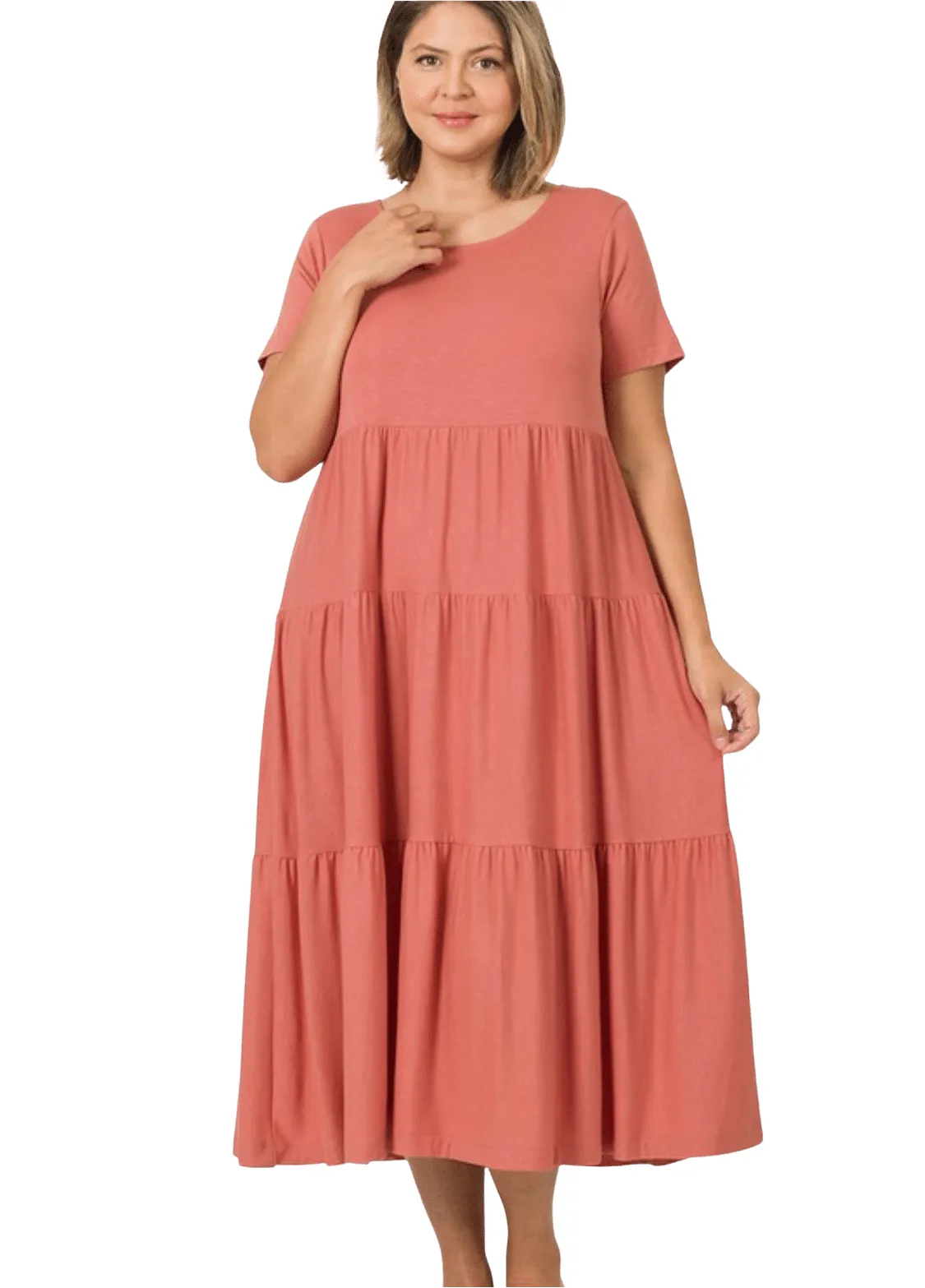 8354   Taylor Short Sleeve Tiered Midi Dress - Reg & Plus!
