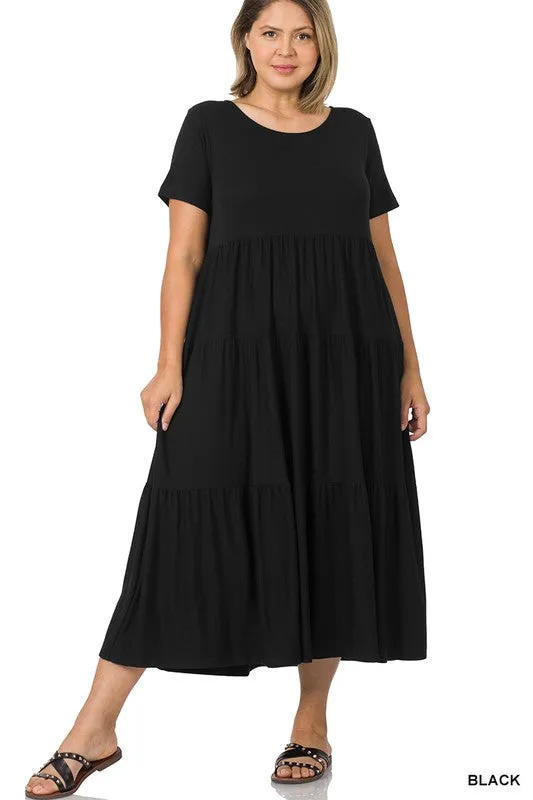 8354   Taylor Short Sleeve Tiered Midi Dress - Reg & Plus!