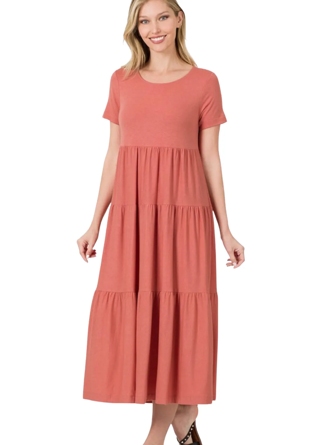 8354   Taylor Short Sleeve Tiered Midi Dress - Reg & Plus!