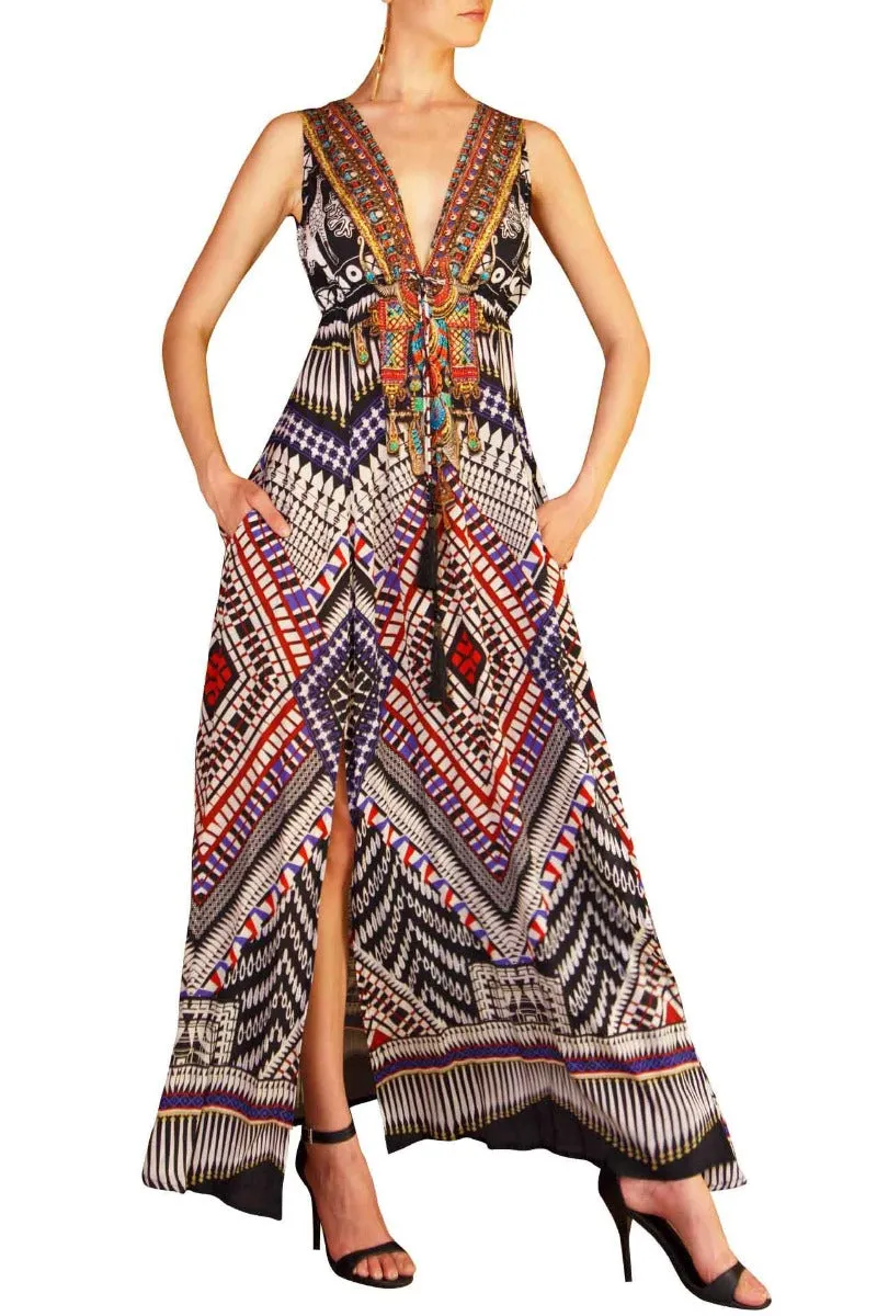 African Print Long Sexy Black Dress