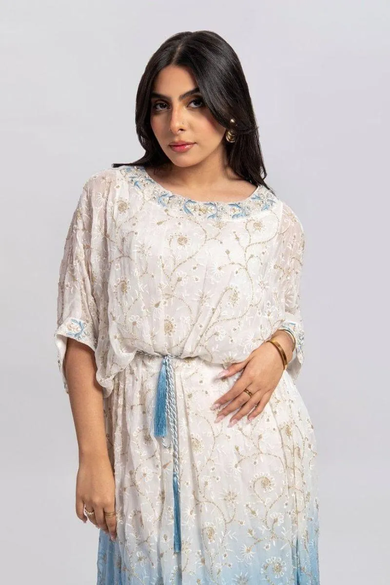 Aisha Fatema - Aqua Soiree - Kaftaan Embroidered Chiffon - 2 Piece