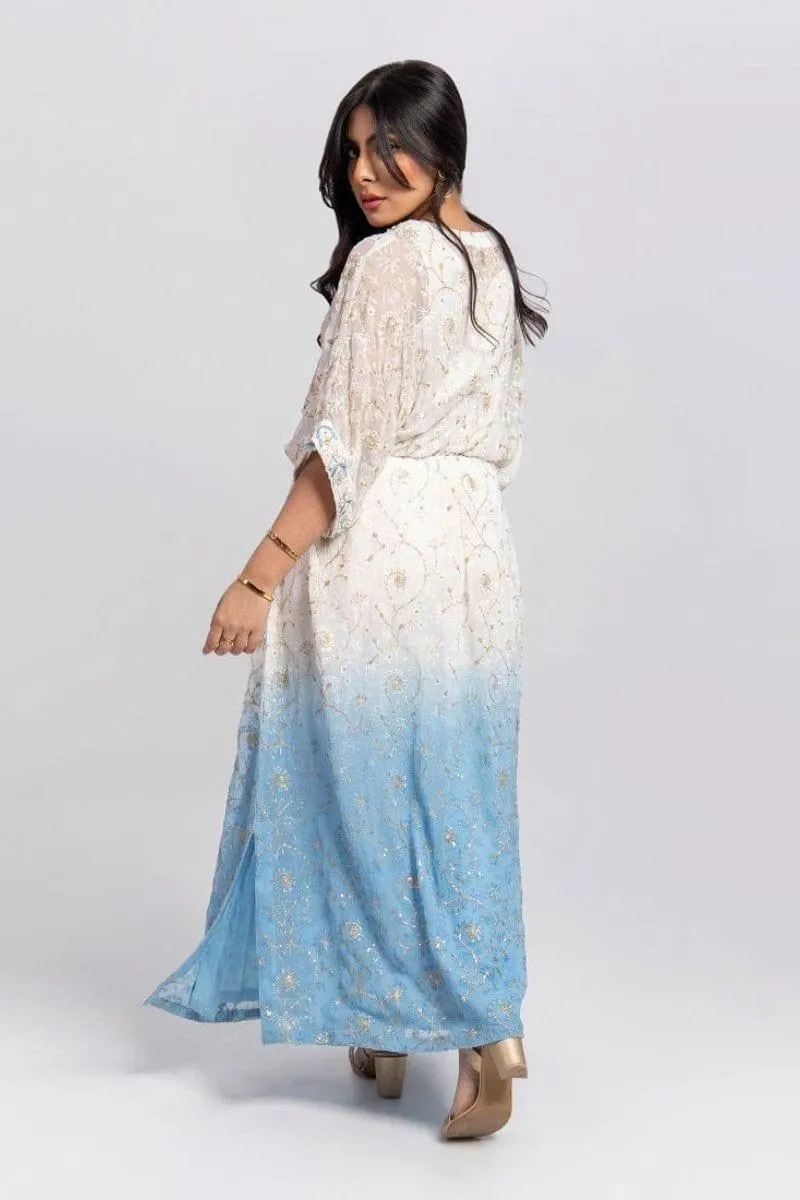 Aisha Fatema - Aqua Soiree - Kaftaan Embroidered Chiffon - 2 Piece