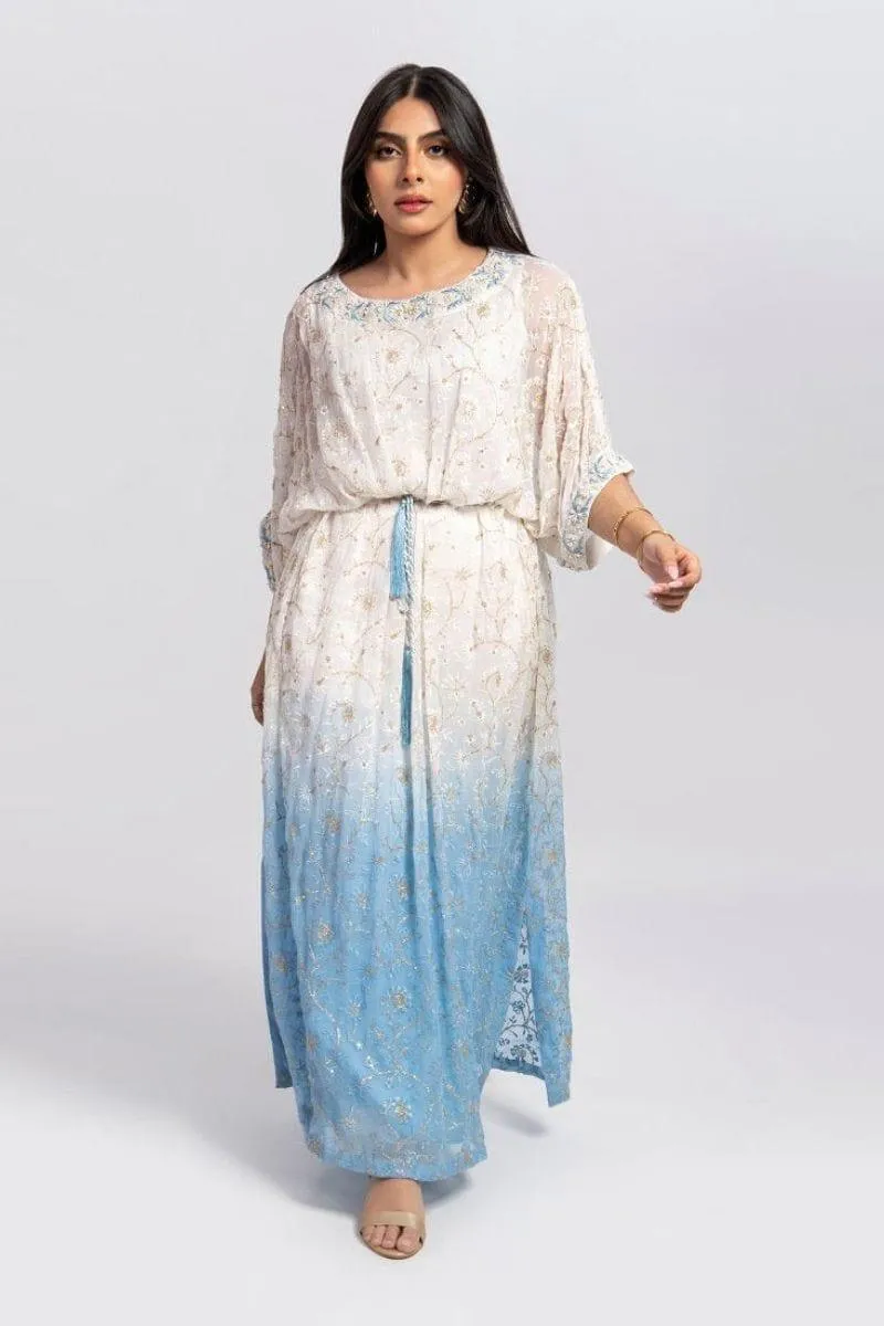 Aisha Fatema - Aqua Soiree - Kaftaan Embroidered Chiffon - 2 Piece