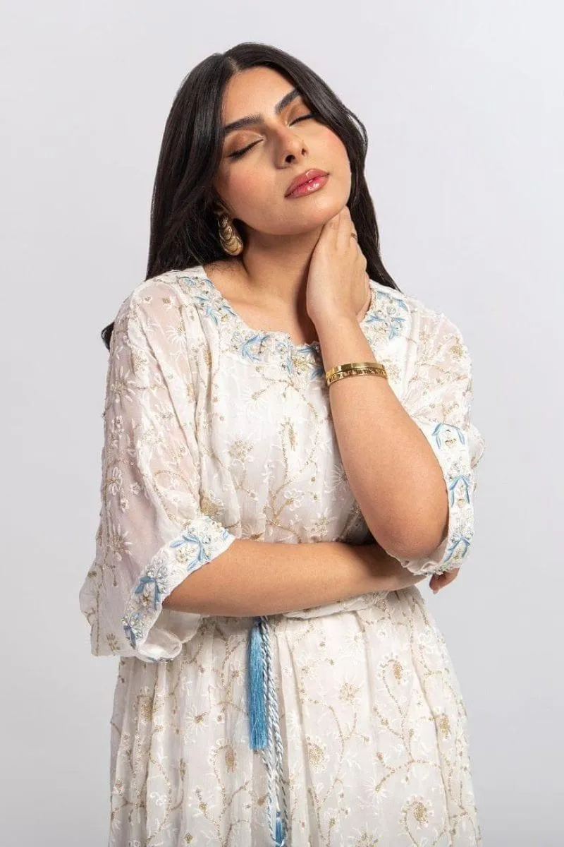 Aisha Fatema - Aqua Soiree - Kaftaan Embroidered Chiffon - 2 Piece