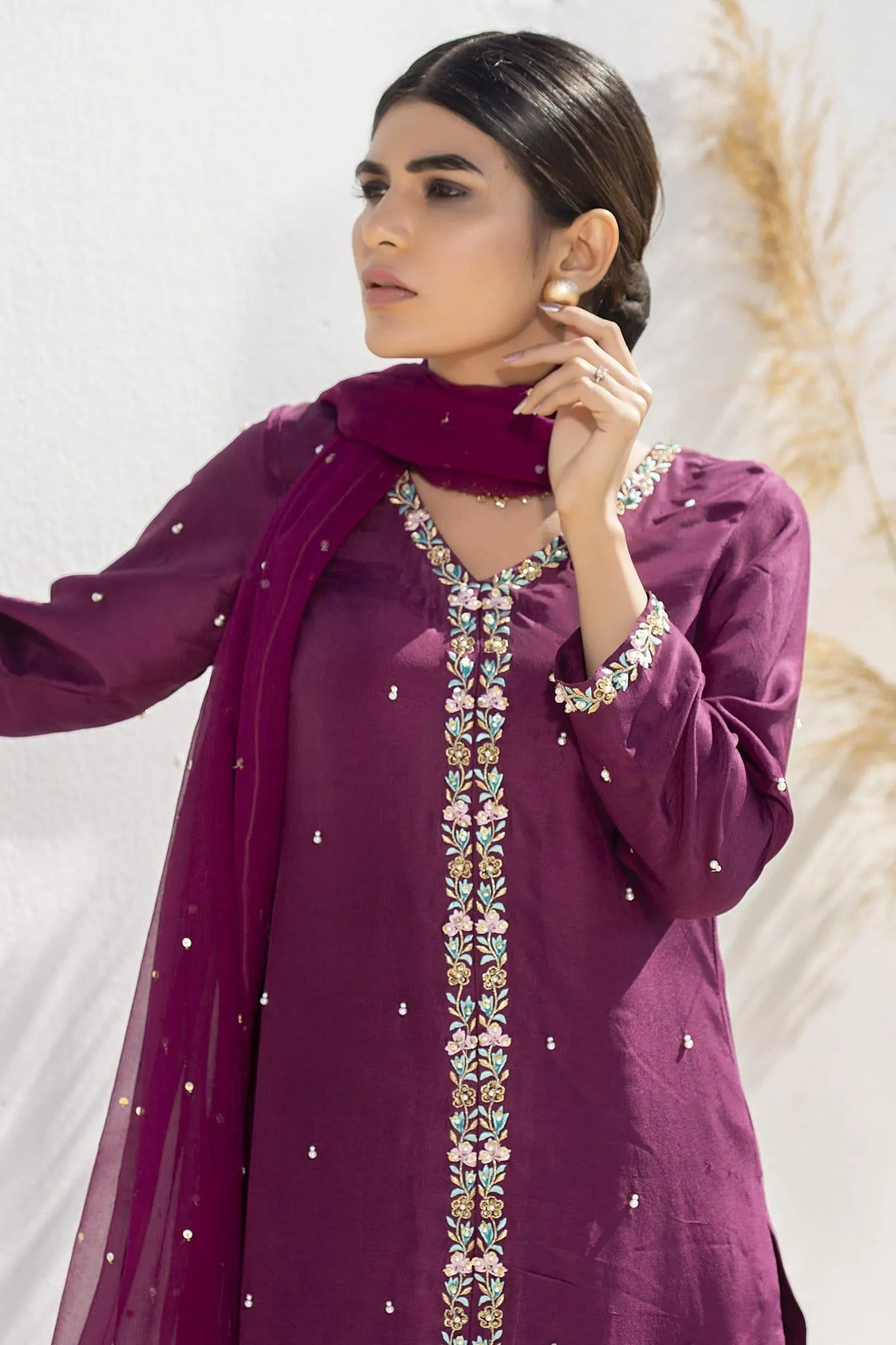 Aisha Fatema - Royal Plum - 1015 - Pure Raw Silk Embroidered - 3 Piece