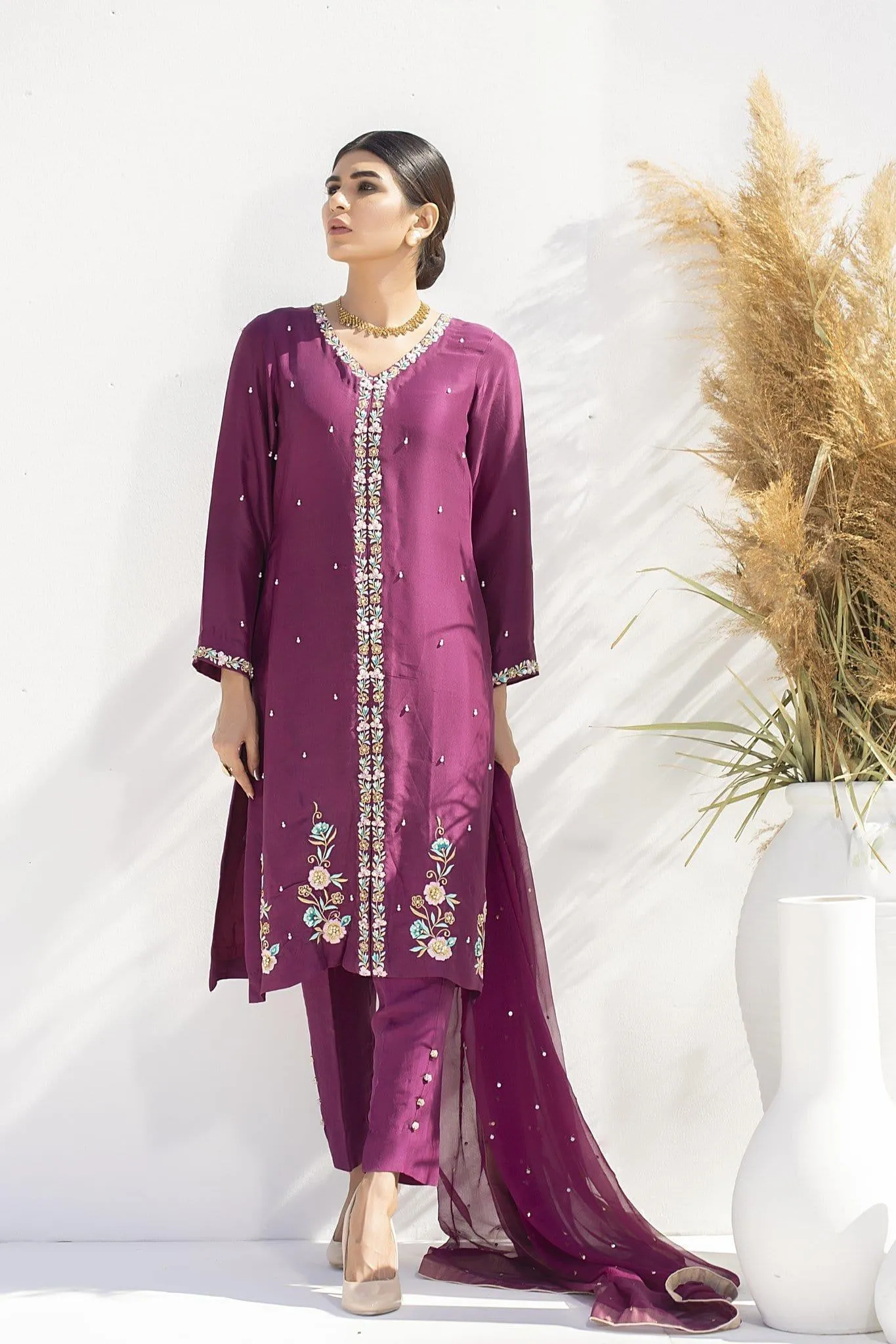 Aisha Fatema - Royal Plum - 1015 - Pure Raw Silk Embroidered - 3 Piece