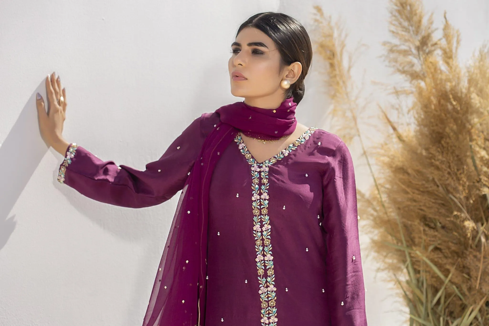 Aisha Fatema - Royal Plum - 1015 - Pure Raw Silk Embroidered - 3 Piece