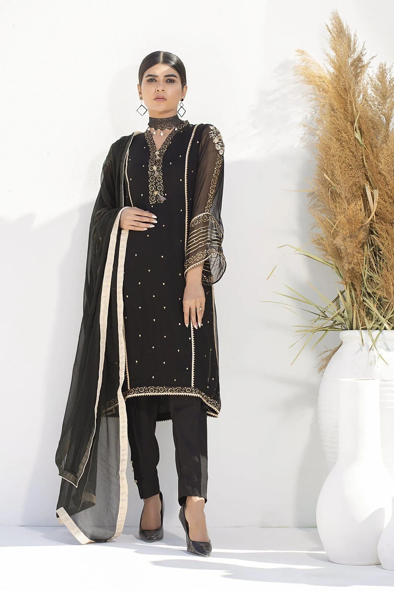 Aisha Fatema - Shimmering Black - 1005 - Sequined Chiffon Shirt - 3 Piece