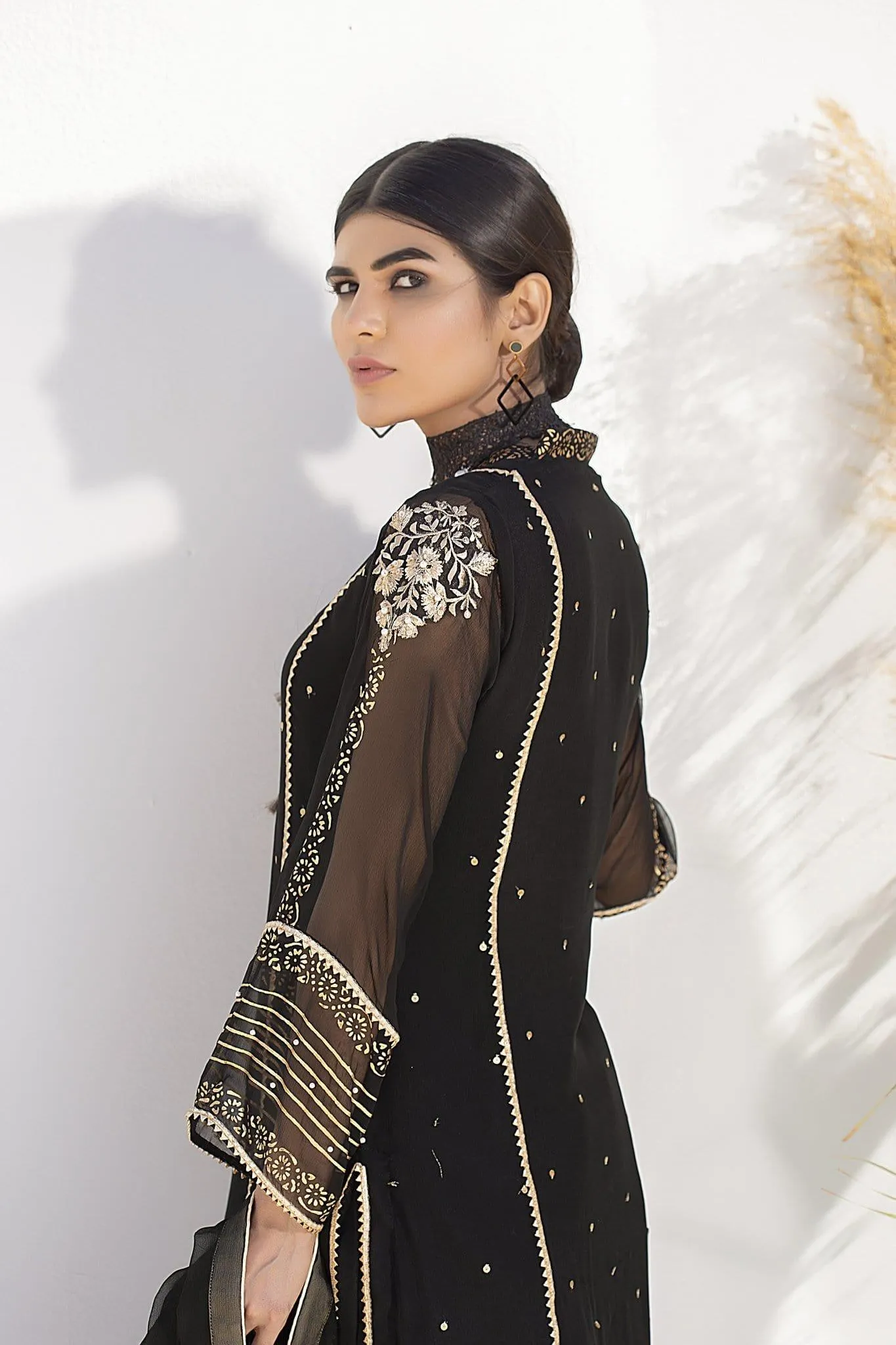 Aisha Fatema - Shimmering Black - 1005 - Sequined Chiffon Shirt - 3 Piece