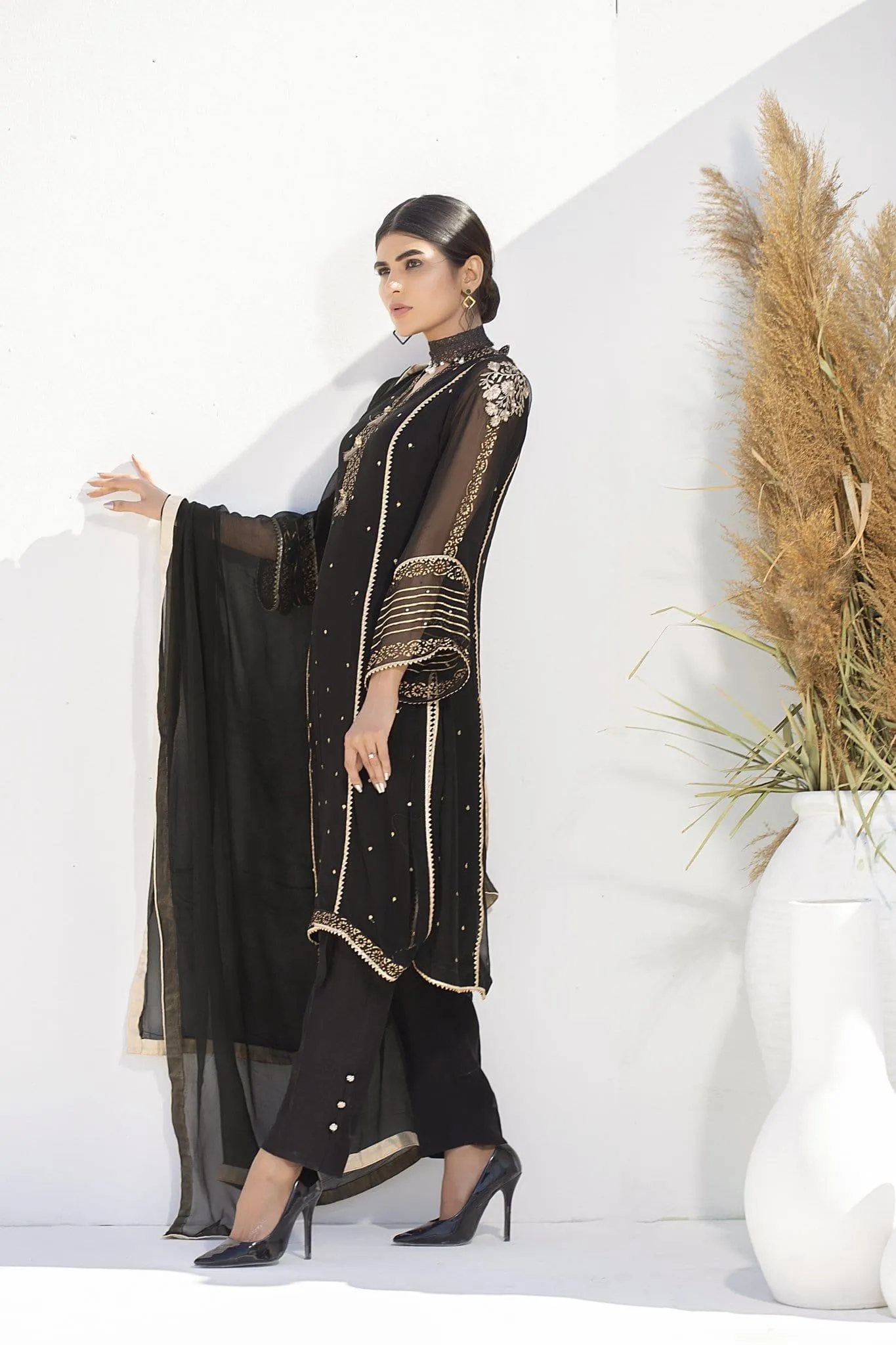 Aisha Fatema - Shimmering Black - 1005 - Sequined Chiffon Shirt - 3 Piece