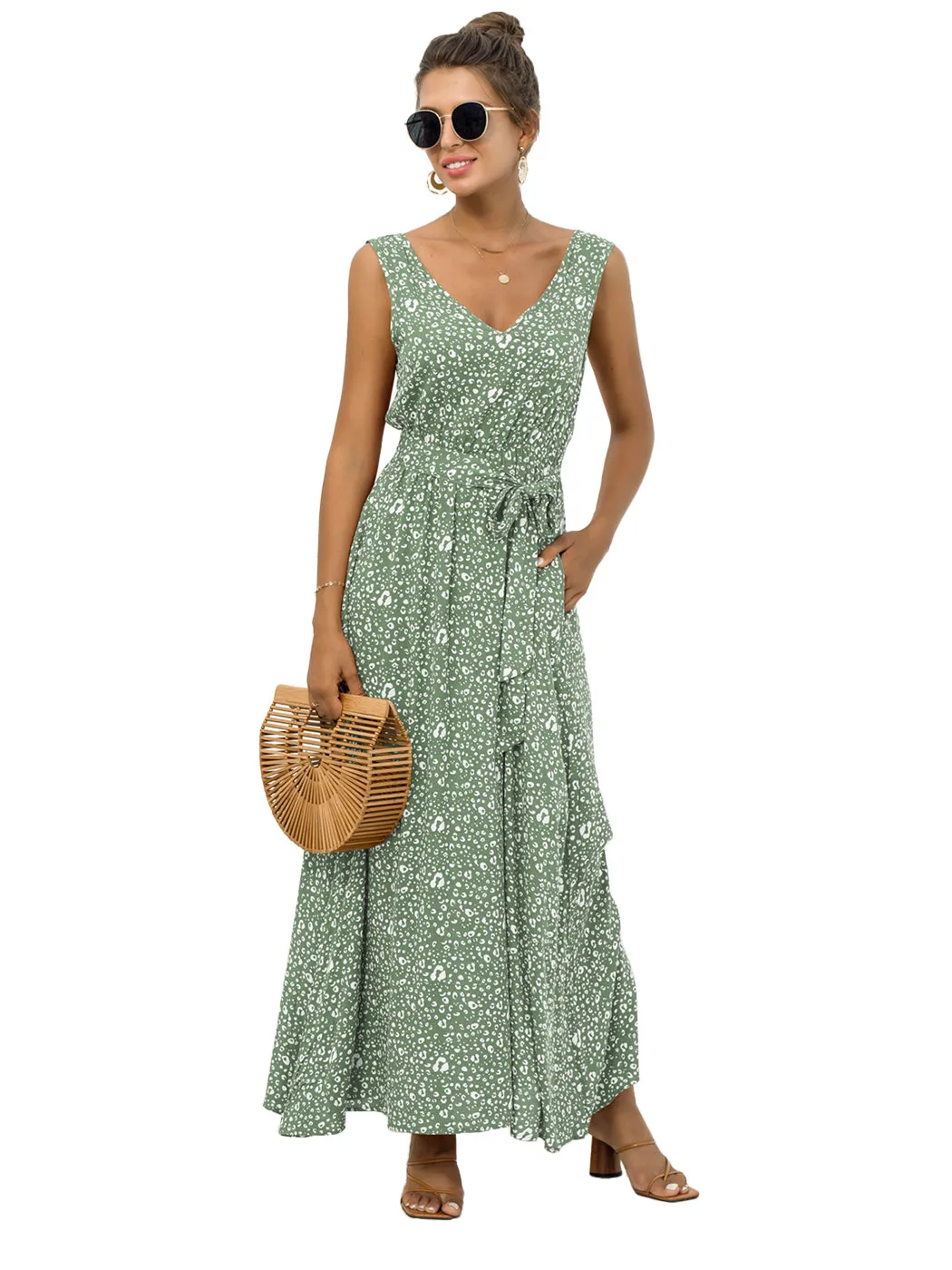 Anna-Kaci Women's V Neck Sleeveless Dress with Belt and Pockets Leopard Print Maxi Dress for Women