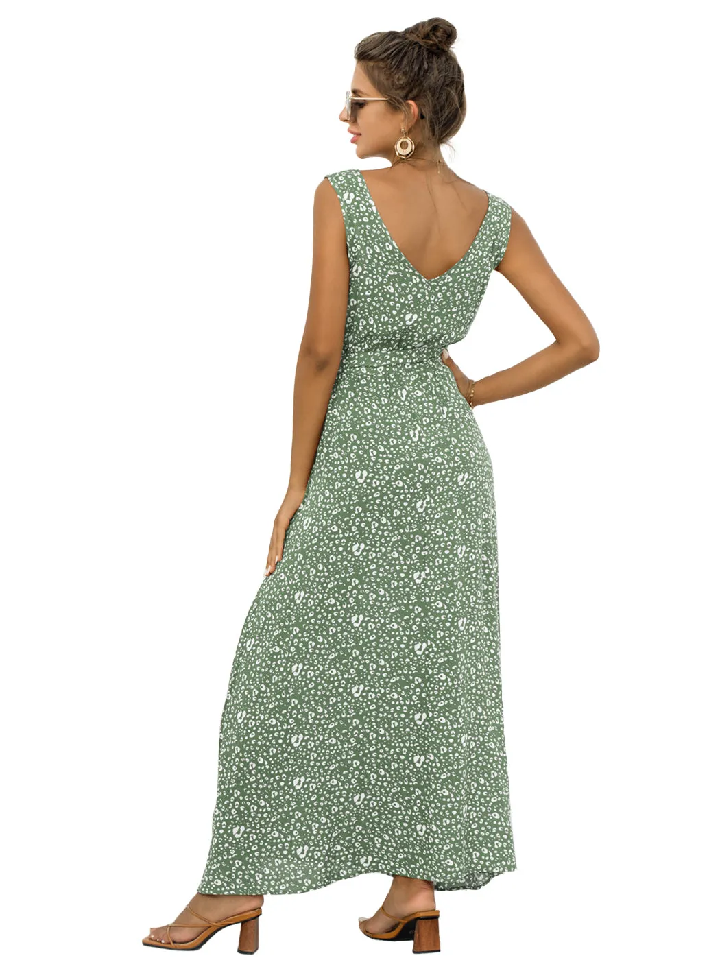 Anna-Kaci Women's V Neck Sleeveless Dress with Belt and Pockets Leopard Print Maxi Dress for Women