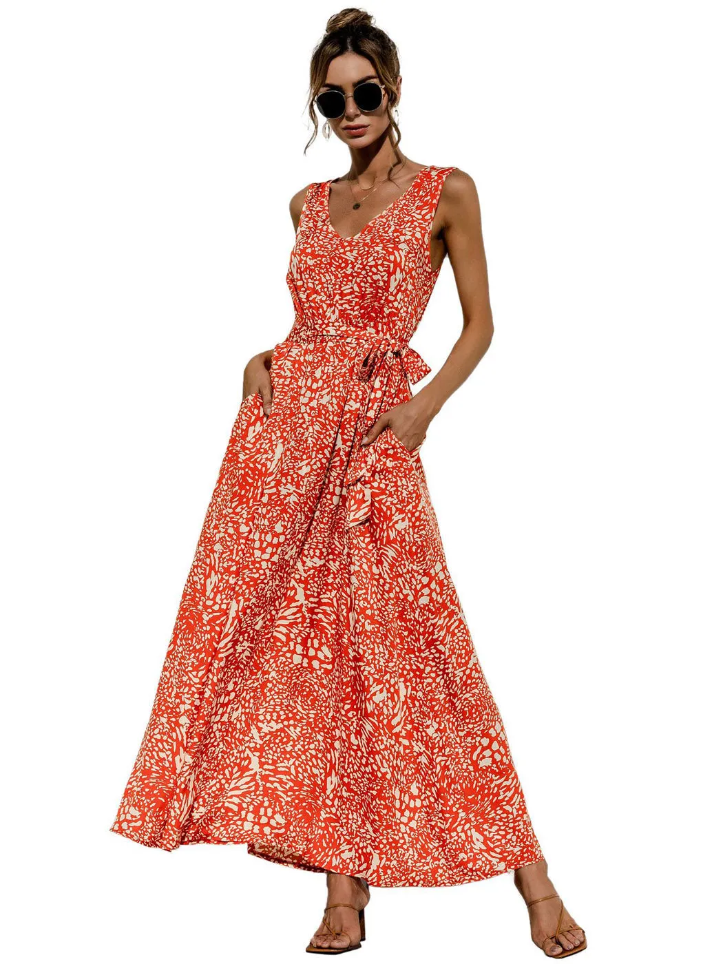 Anna-Kaci Women's V Neck Sleeveless Dress with Belt and Pockets Leopard Print Maxi Dress for Women