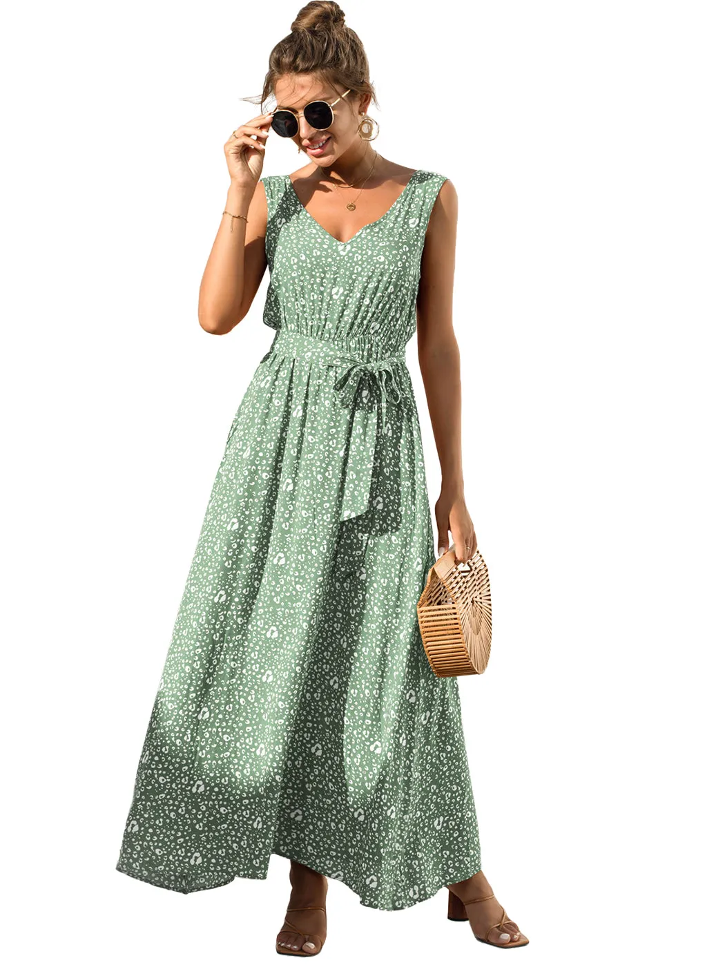 Anna-Kaci Women's V Neck Sleeveless Dress with Belt and Pockets Leopard Print Maxi Dress for Women