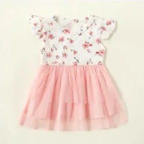 Baby Girl Pink Floral Tulle Dress with Flutter Sleeves