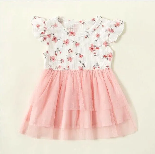 Baby Girl Pink Floral Tulle Dress with Flutter Sleeves