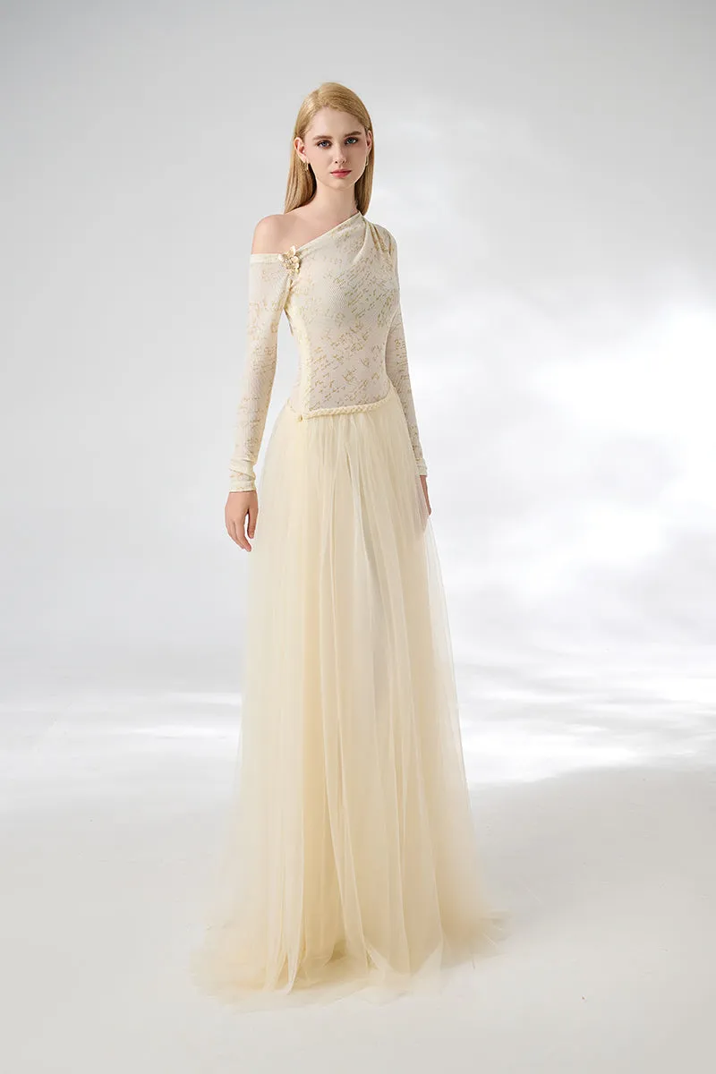 BEIGE SOFTEN FIT-AND-FLARE LAYERED FLOOR-LENGTH GOWN