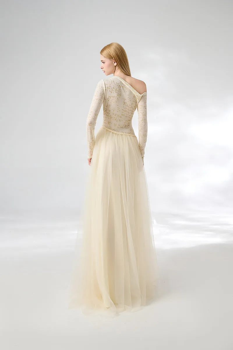 BEIGE SOFTEN FIT-AND-FLARE LAYERED FLOOR-LENGTH GOWN