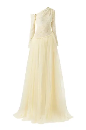 BEIGE SOFTEN FIT-AND-FLARE LAYERED FLOOR-LENGTH GOWN