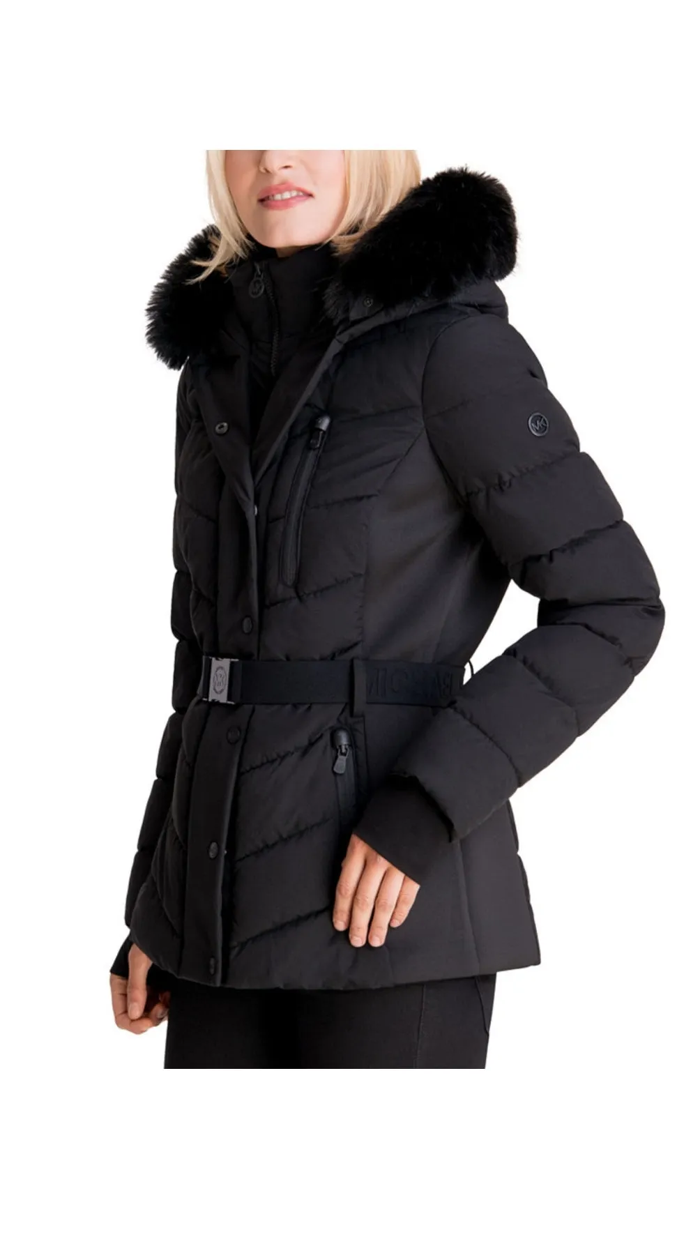 Belt Faux-Fur Trim Hooded Puffer Coat
