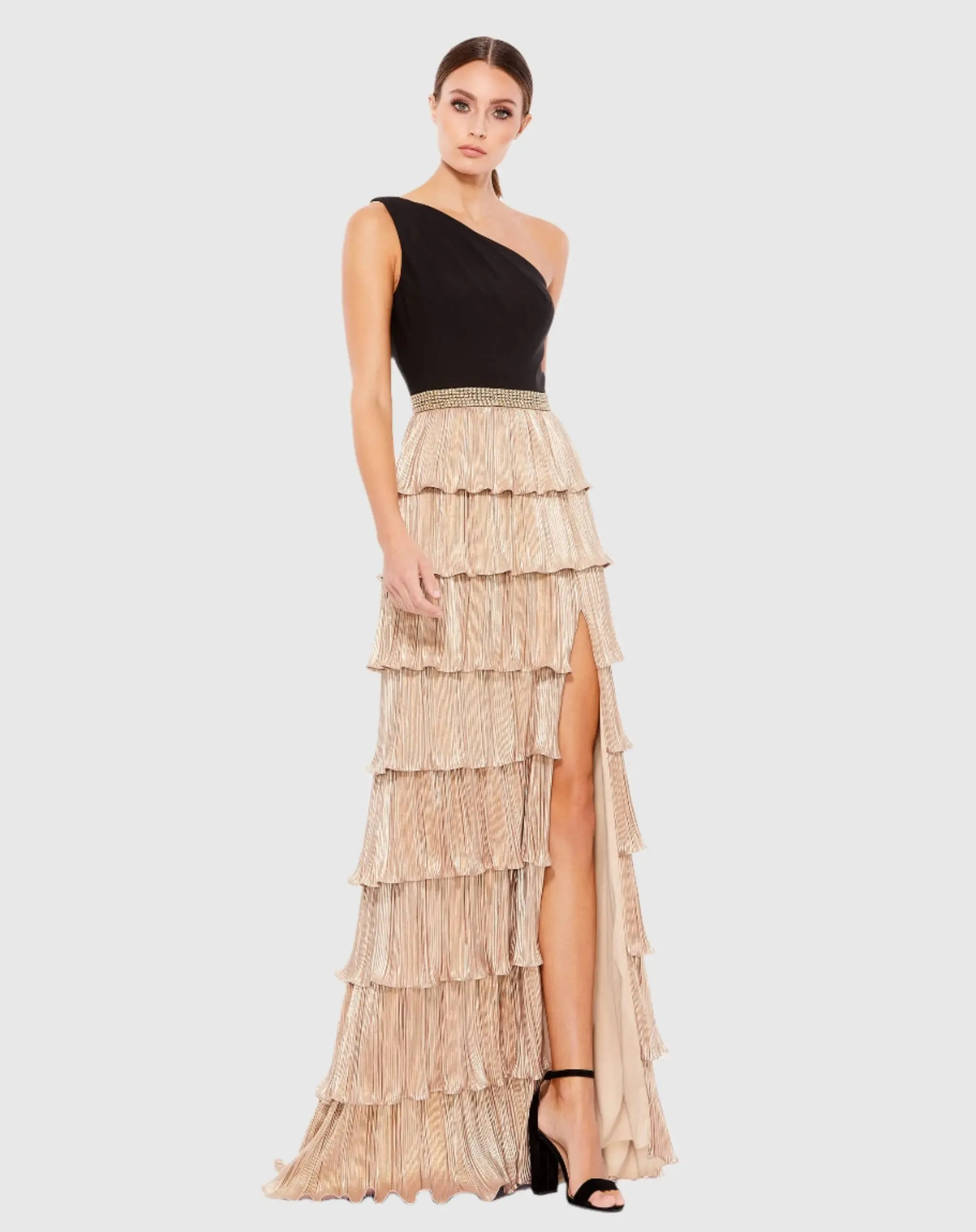 Black and Gold One Shoulder Ruffle Tiered Gown