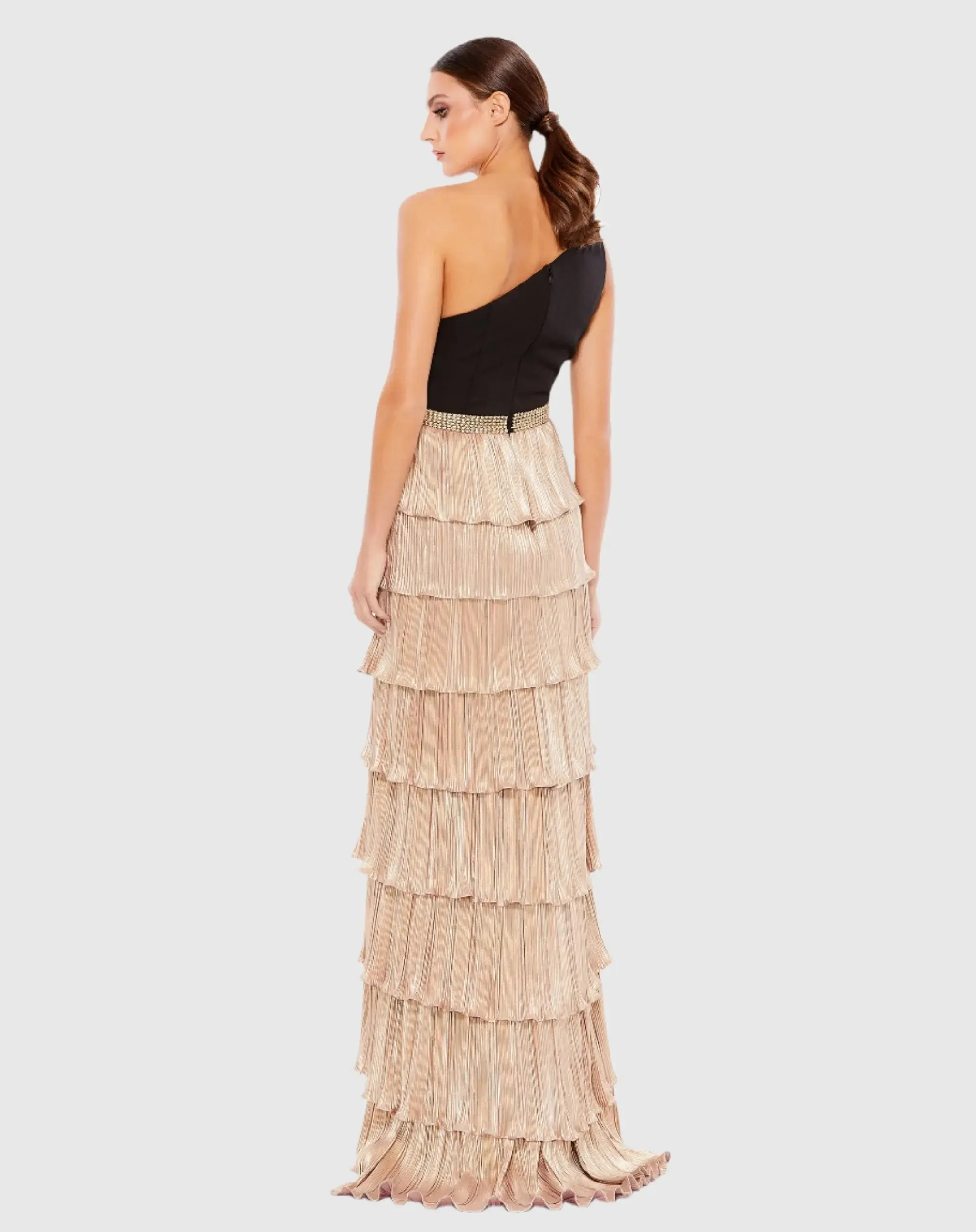 Black and Gold One Shoulder Ruffle Tiered Gown