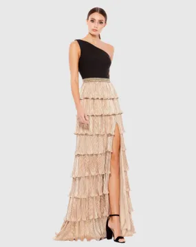 Black and Gold One Shoulder Ruffle Tiered Gown
