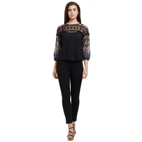 Black  Floral Top with Embroidered Sleeves
