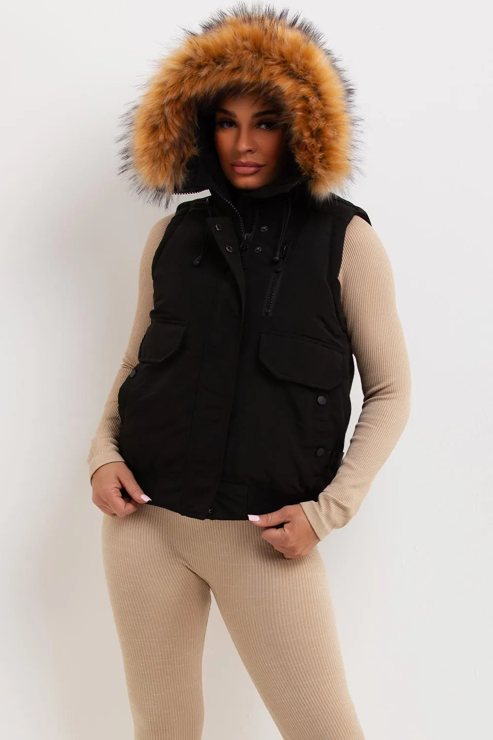 Black Gilet With Fur Hood