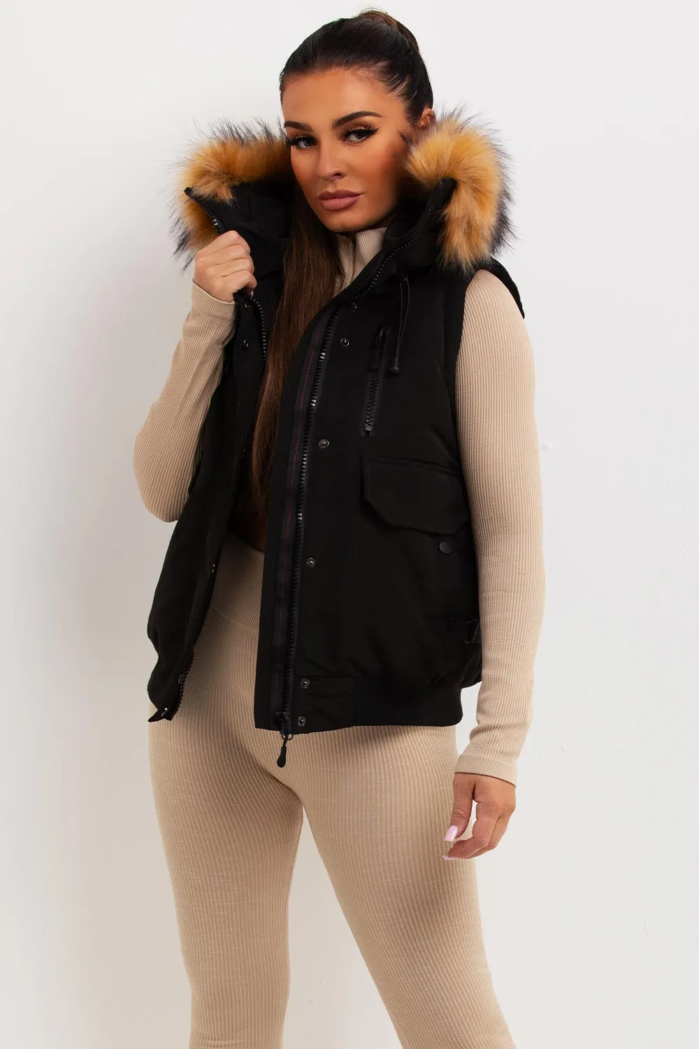Black Gilet With Fur Hood