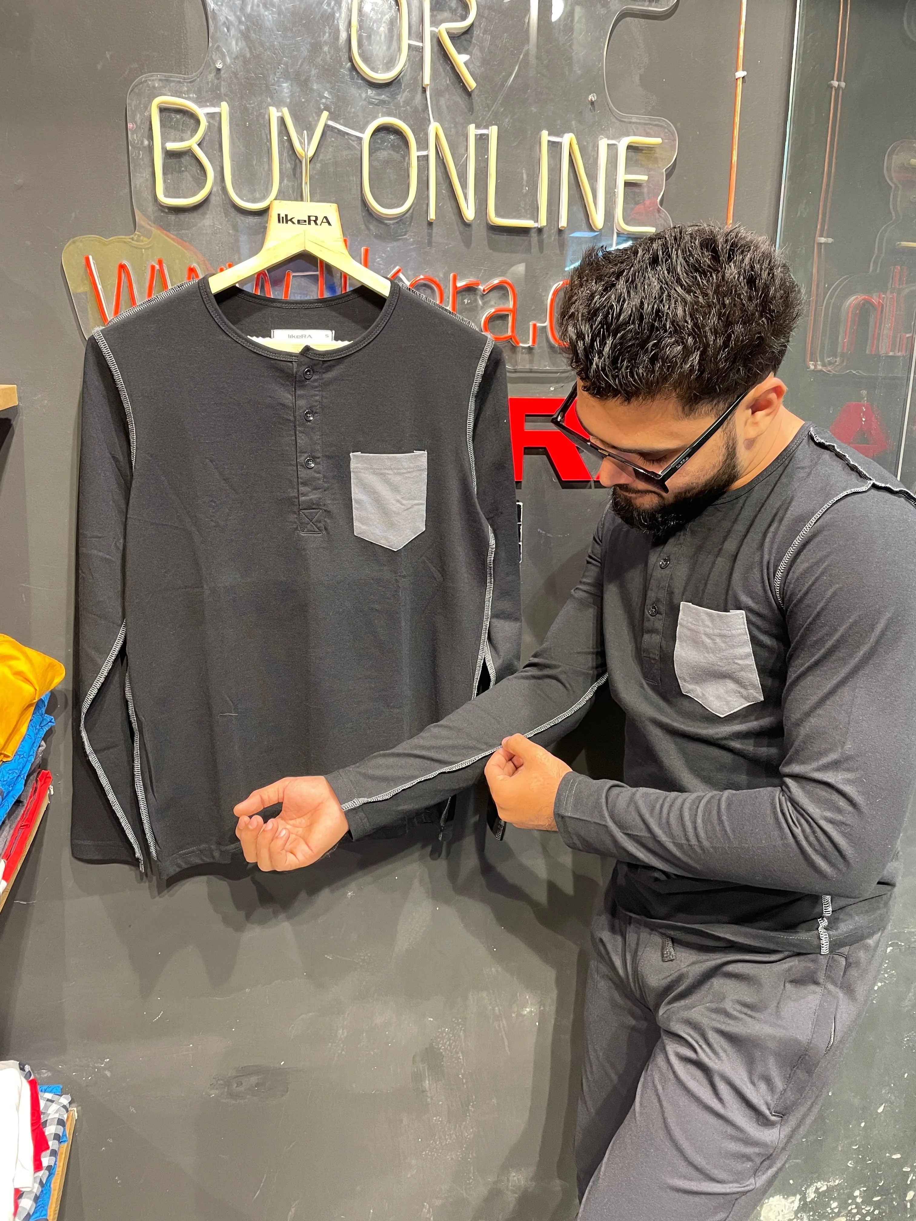 Black Henley With Outside Stitching And Pocket  Henley