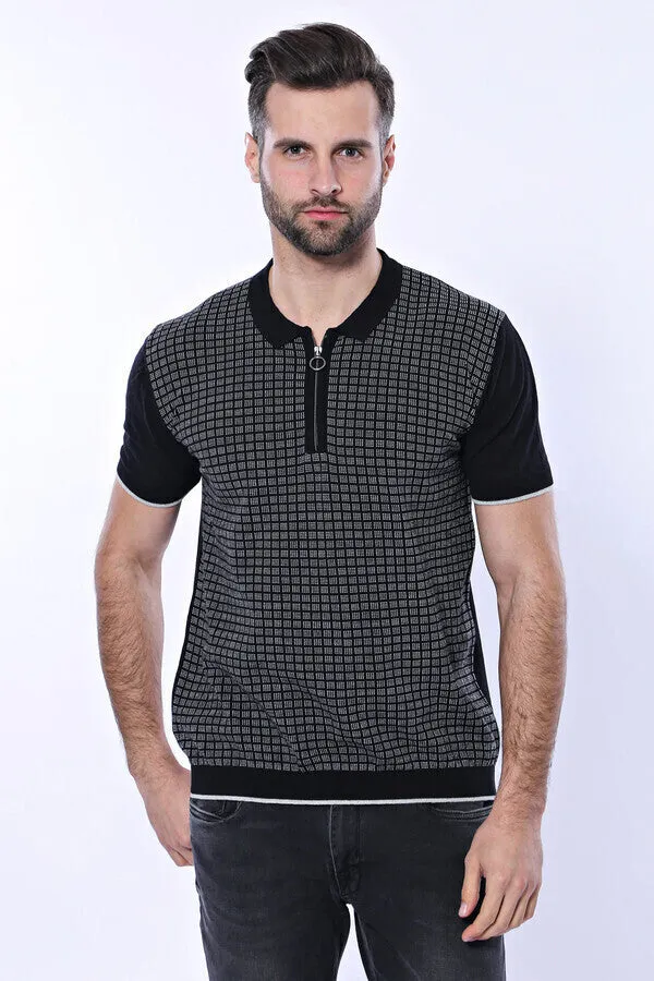Black Plaid Zippered Polo Knitted T-Shirt | Wessi