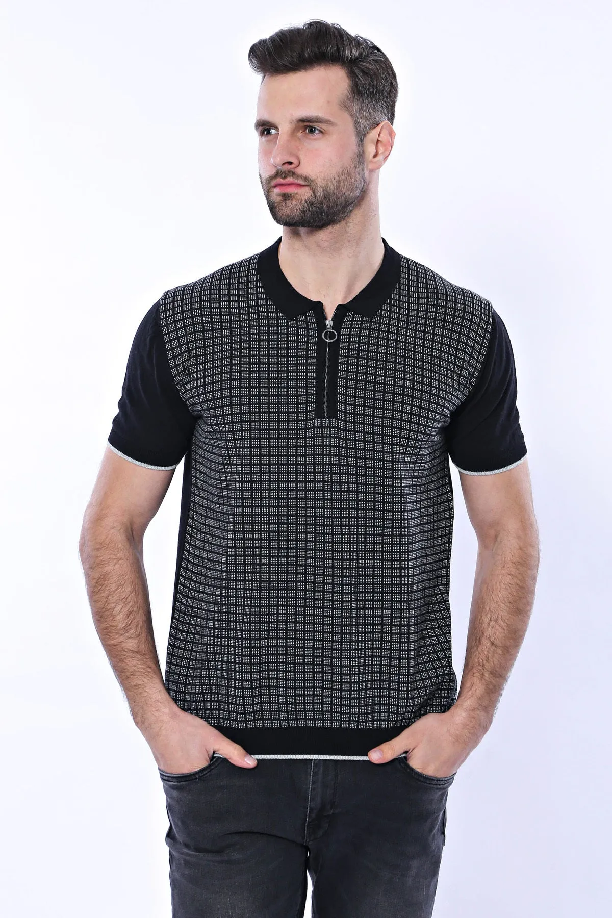 Black Plaid Zippered Polo Knitted T-Shirt | Wessi
