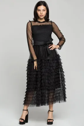 Black Sheer Sleeves Tiered Ruffles Maxi Dress with Belt