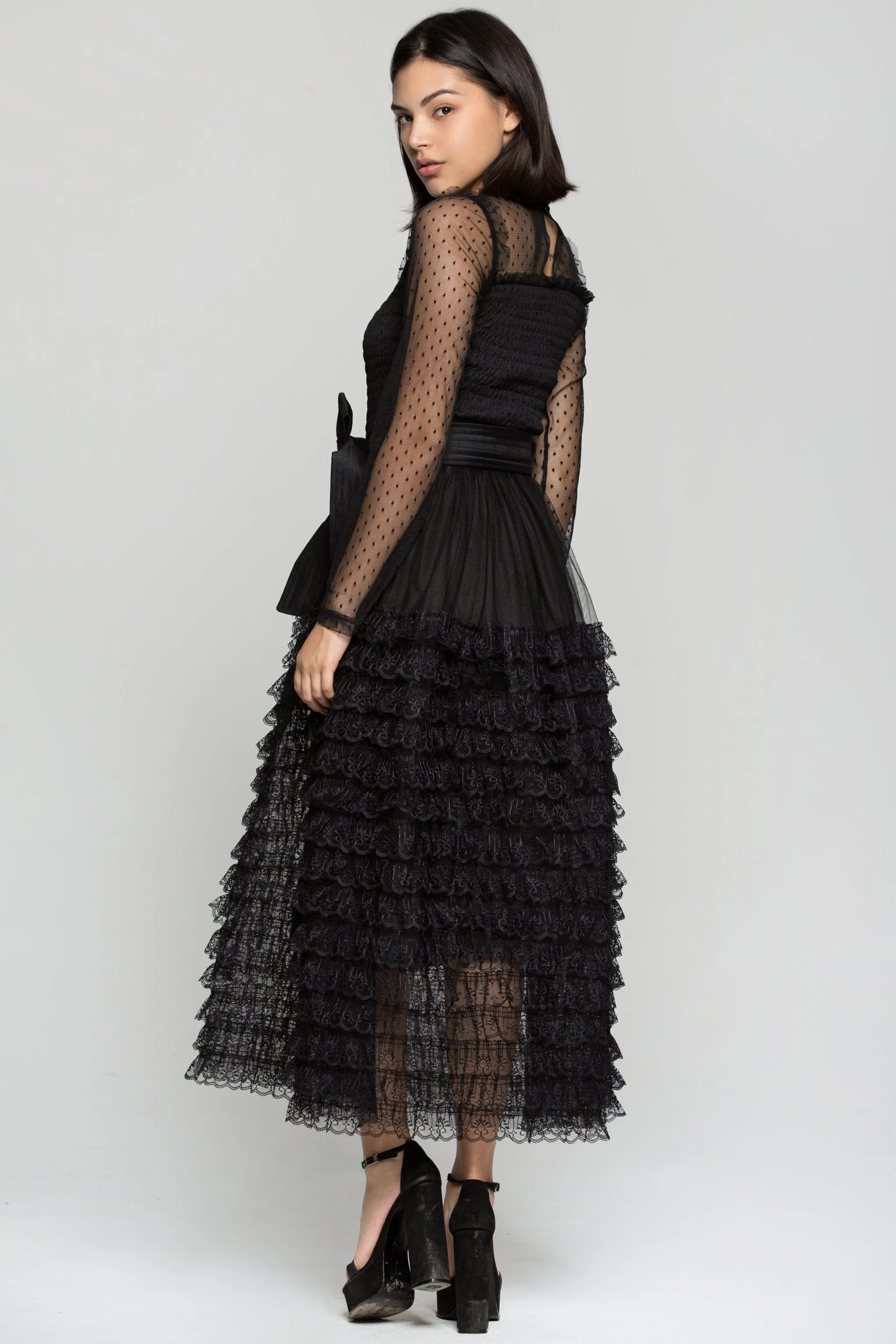 Black Sheer Sleeves Tiered Ruffles Maxi Dress with Belt