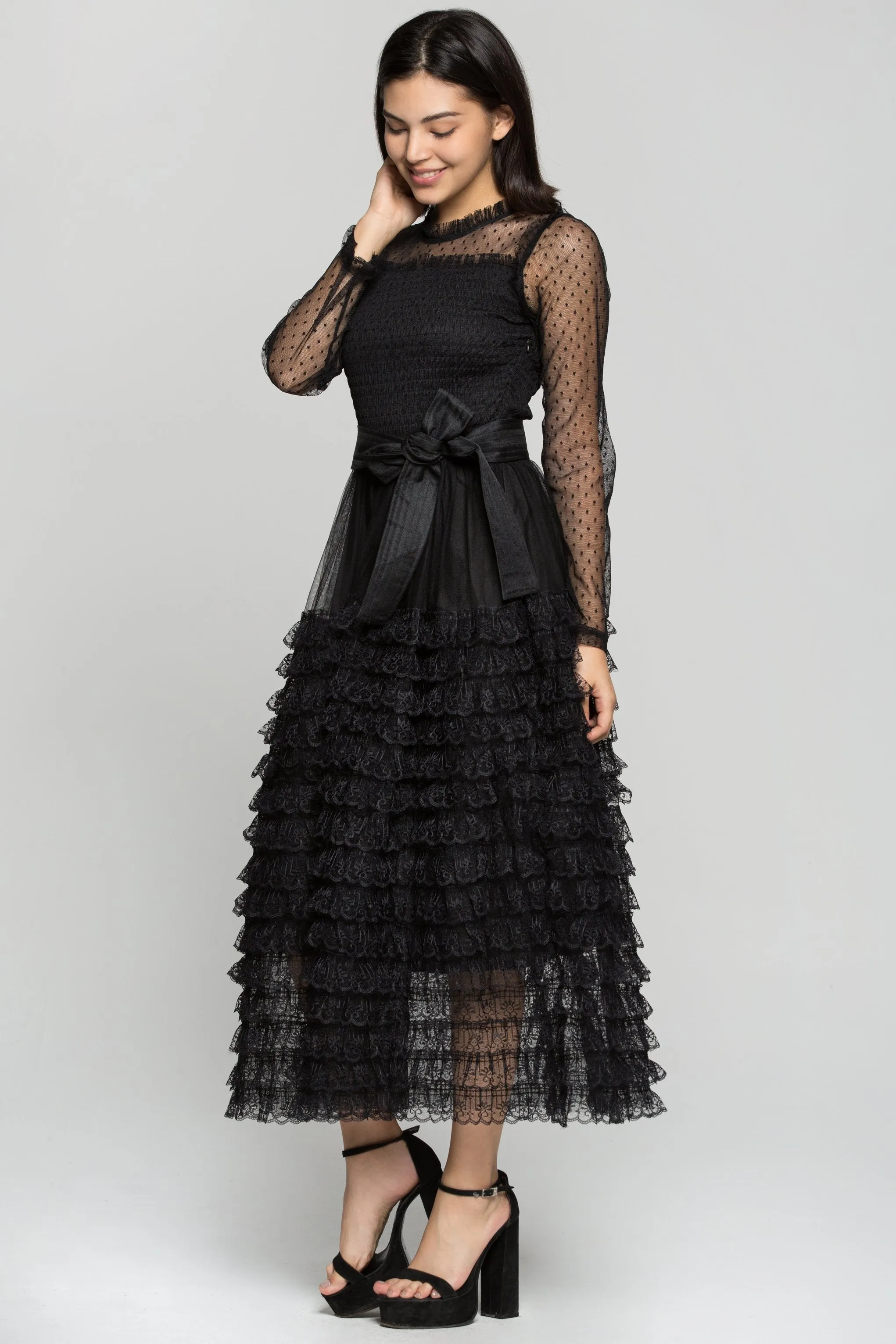 Black Sheer Sleeves Tiered Ruffles Maxi Dress with Belt