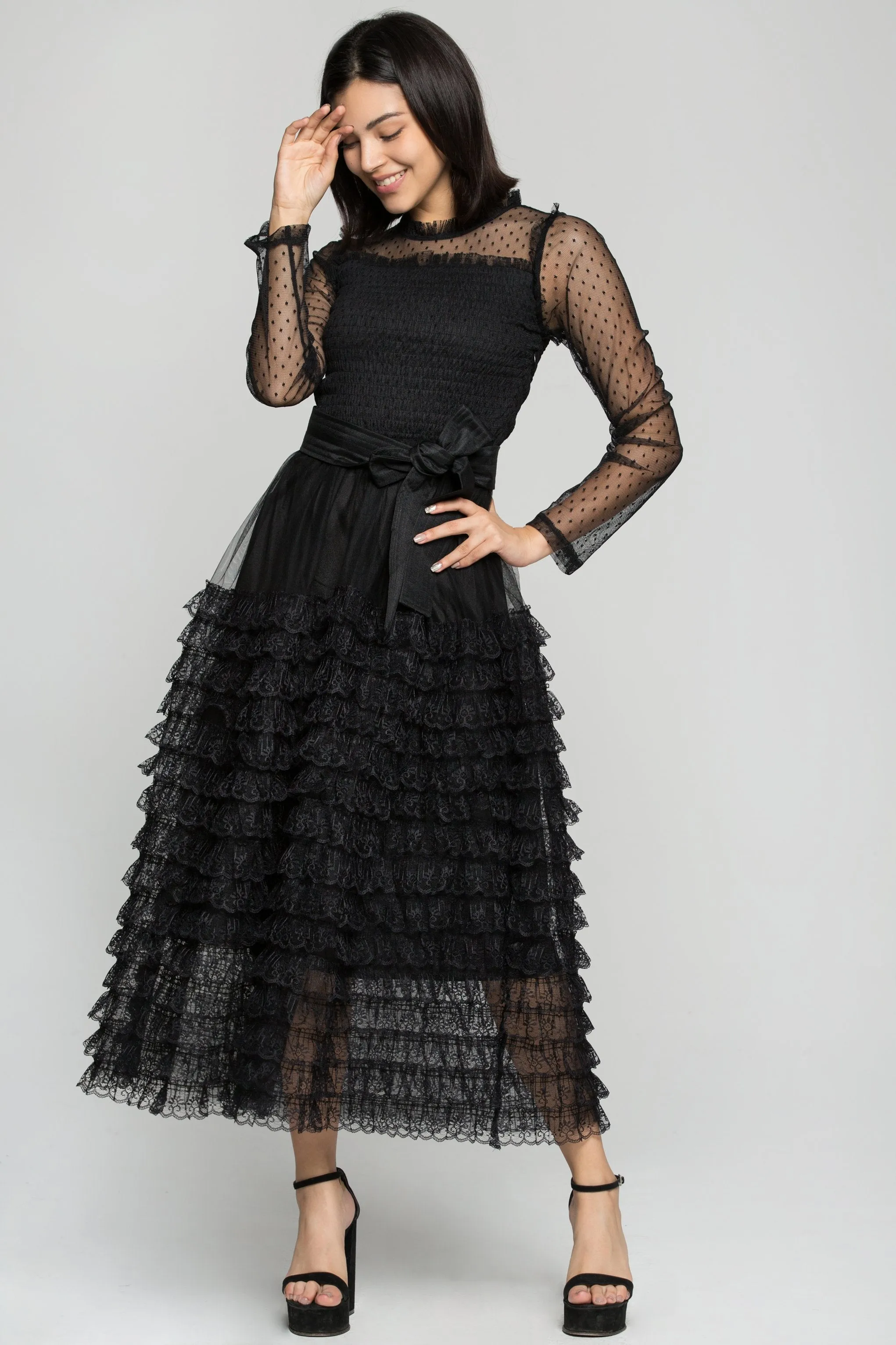 Black Sheer Sleeves Tiered Ruffles Maxi Dress with Belt