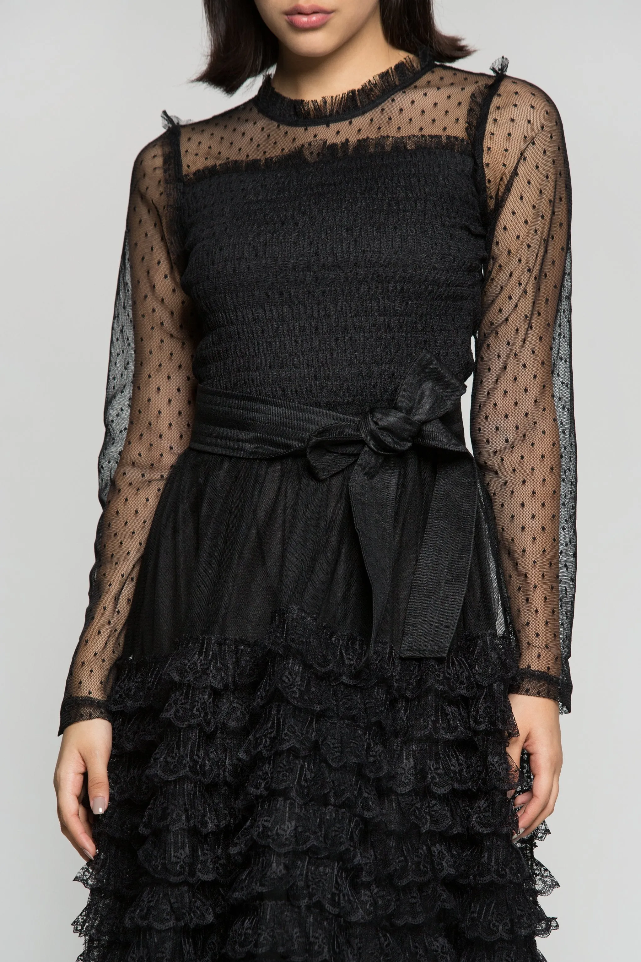 Black Sheer Sleeves Tiered Ruffles Maxi Dress with Belt