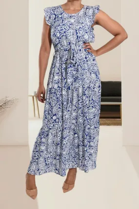 Blue Floral Ruffle Tie Dress