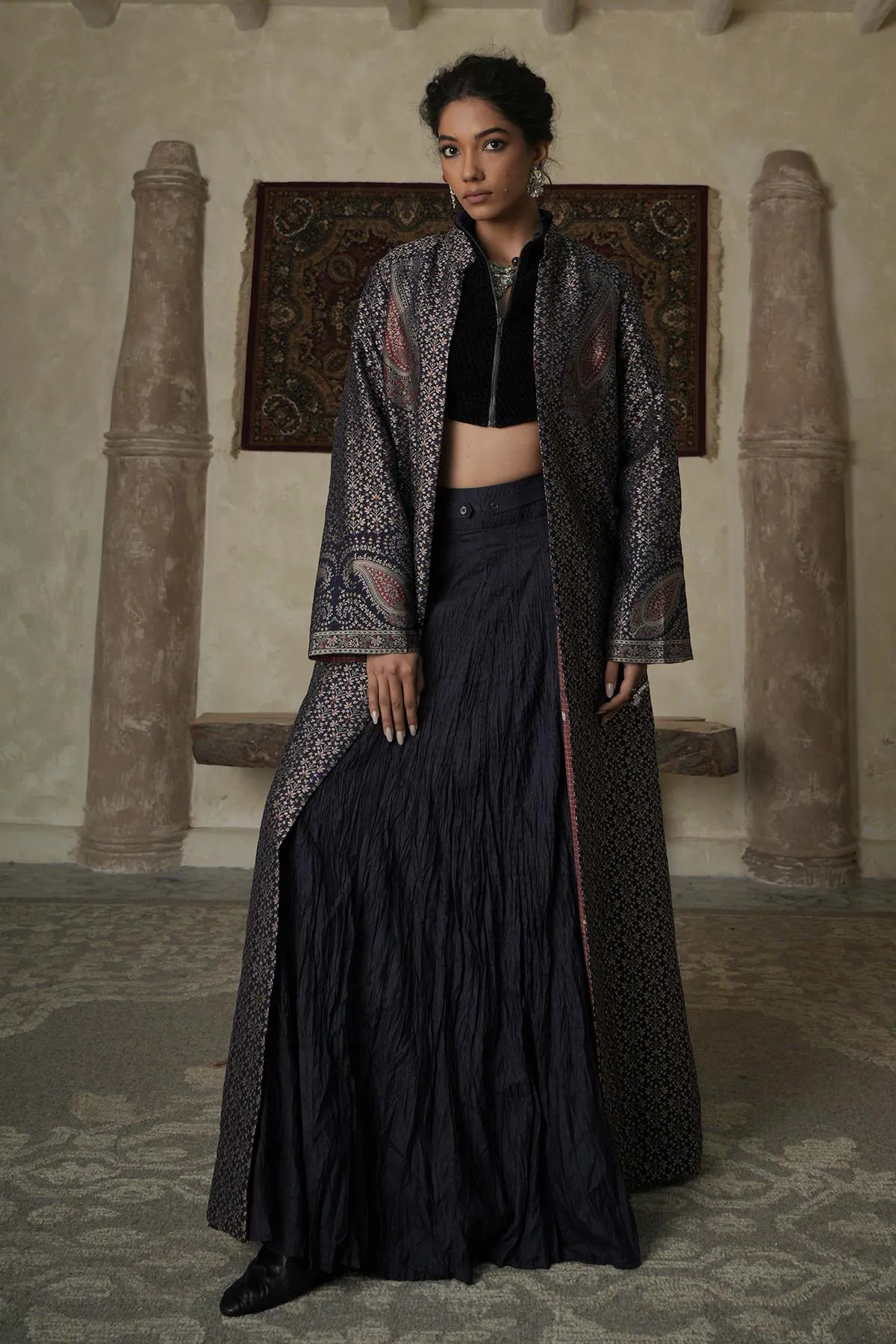 Blue velvet quilted jacket with crushed skirt