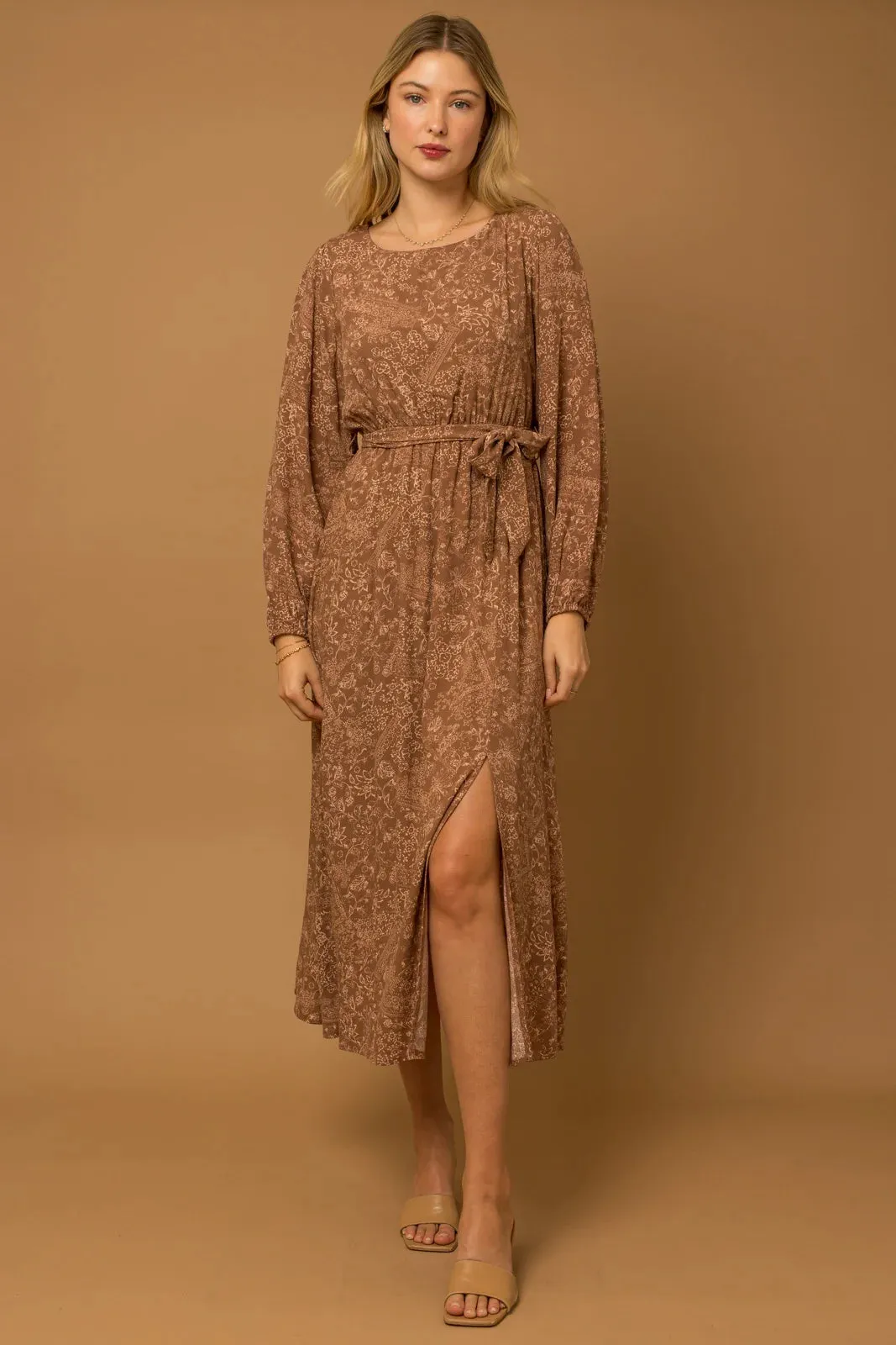 Boho Floral Front Tie Side Slit Long Sleeve Maxi Dress