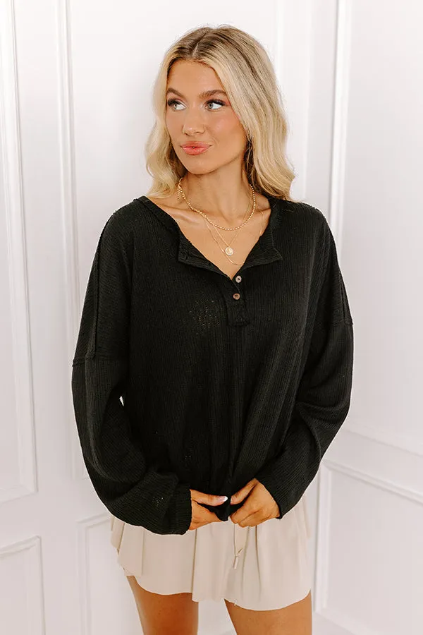 Breezy Times Oversized Henley Top In Black