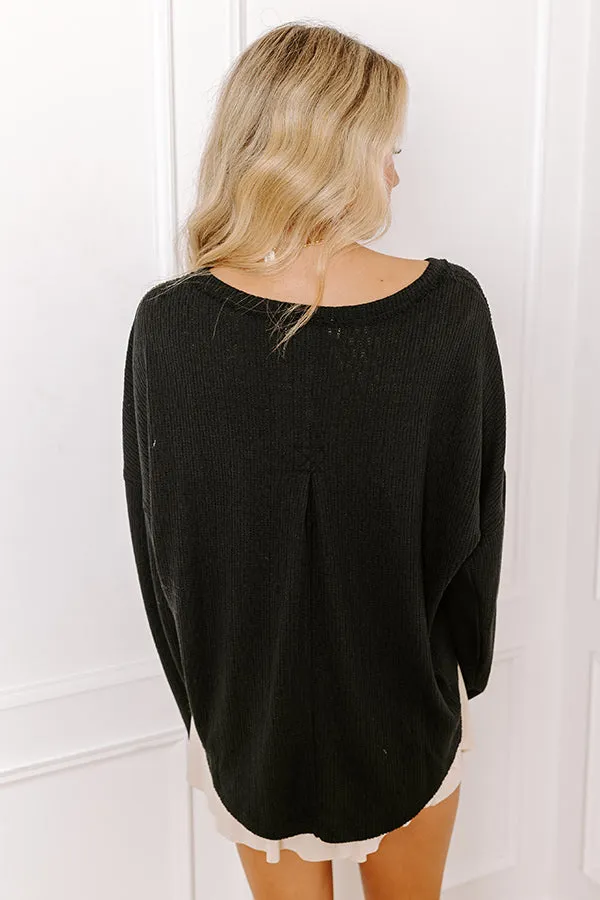 Breezy Times Oversized Henley Top In Black