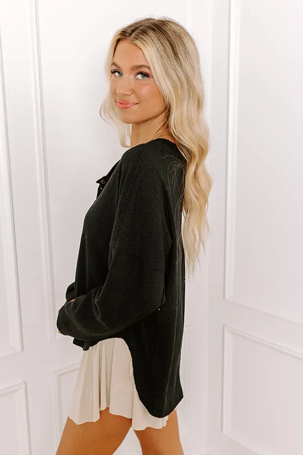 Breezy Times Oversized Henley Top In Black