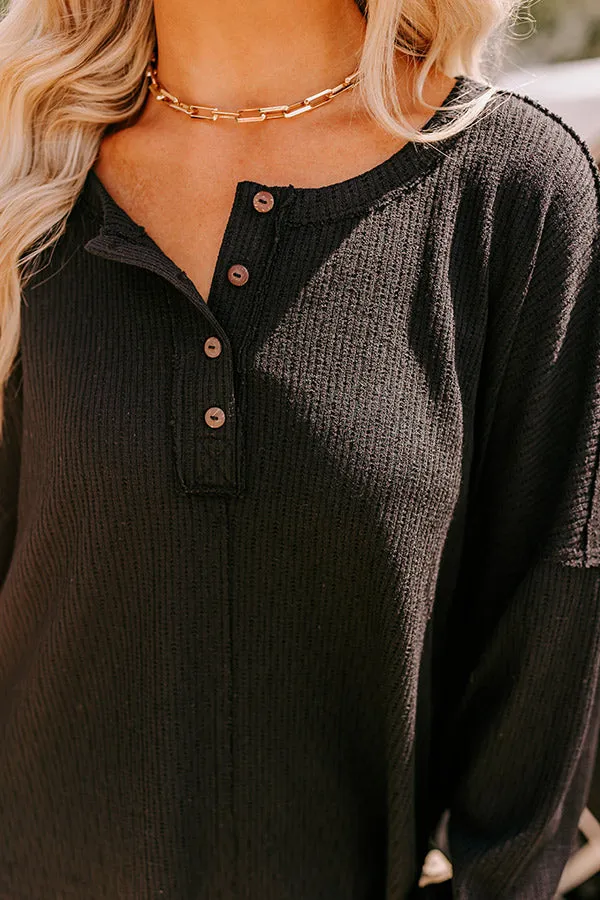 Breezy Times Oversized Henley Top In Black