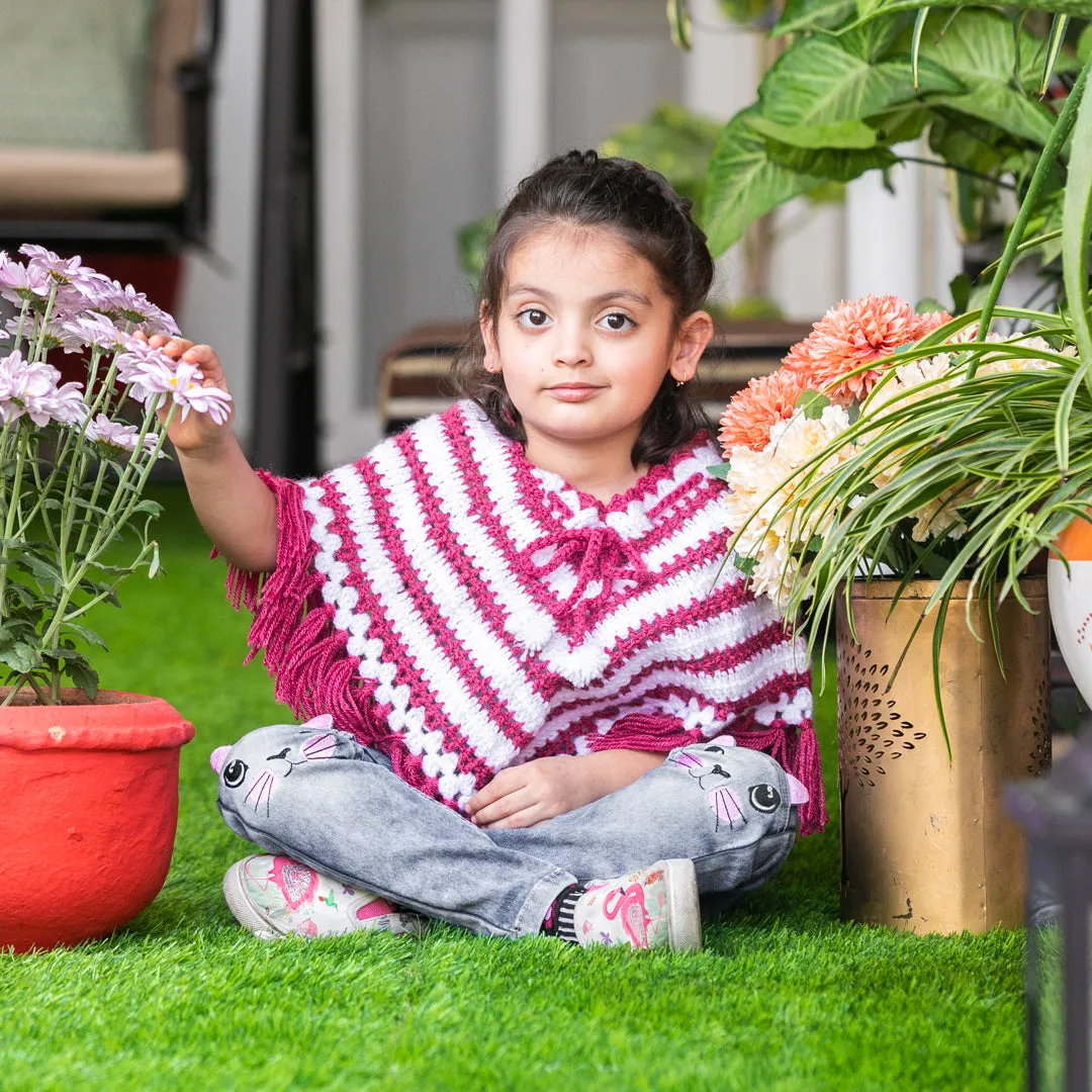Burgundy & White Hand-Knitted Soft Woollen Poncho For Girls